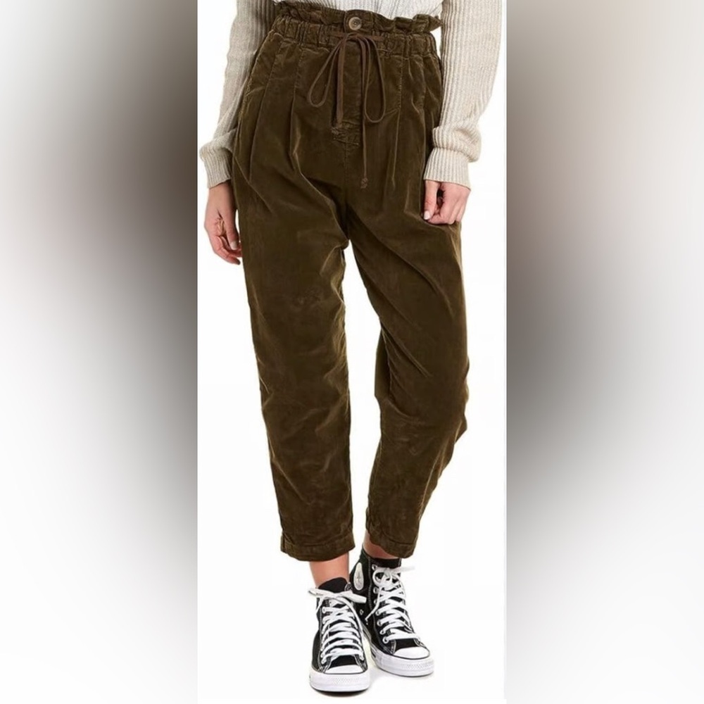 Free People Olive Green Velvet Cropped Paperbag Pants